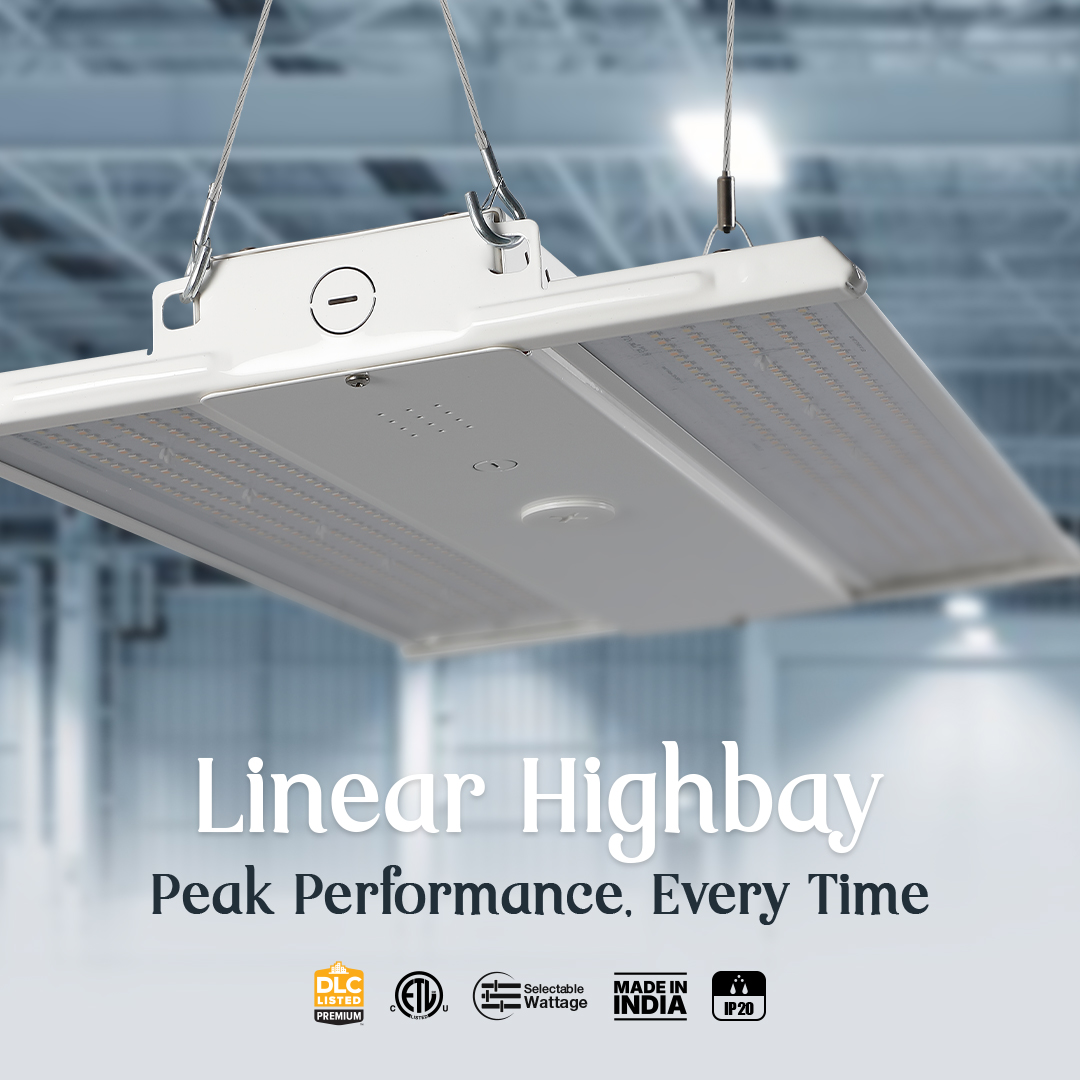Suspended LED linear high bay light, 300W with selectable wattage, DLC Premium and ETL certified, Made in India, ideal for industrial and commercial lighting applications.