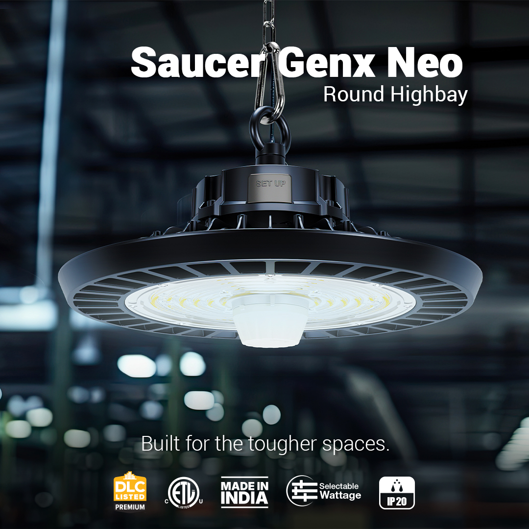 Saucer Genx Neo Round Highbay LED light by Havells, designed for industrial use with selectable wattage, DLC Premium, ETL certified, Made in India, and IP20 rated – built for tougher spaces.