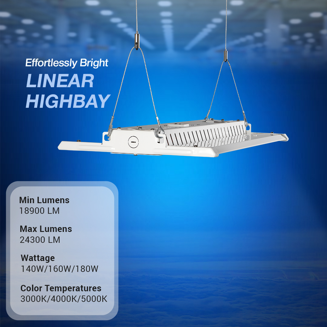 LED linear high bay fixture, 240W with high lumen output (16200–20250 LM), adjustable wattage (120W/135W/150W), and multiple color temperature options (3000K/4000K/5000K), ideal for industrial and commercial lighting.