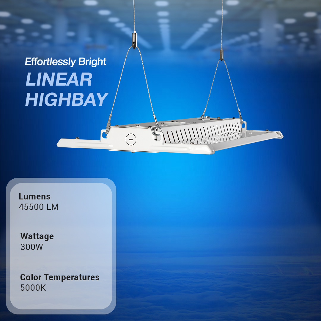 LED linear high bay fixture, 300W with high lumen output (16200–20250 LM), adjustable wattage (120W/135W/150W), and multiple color temperature options (3000K/4000K/5000K), ideal for industrial and commercial lighting.