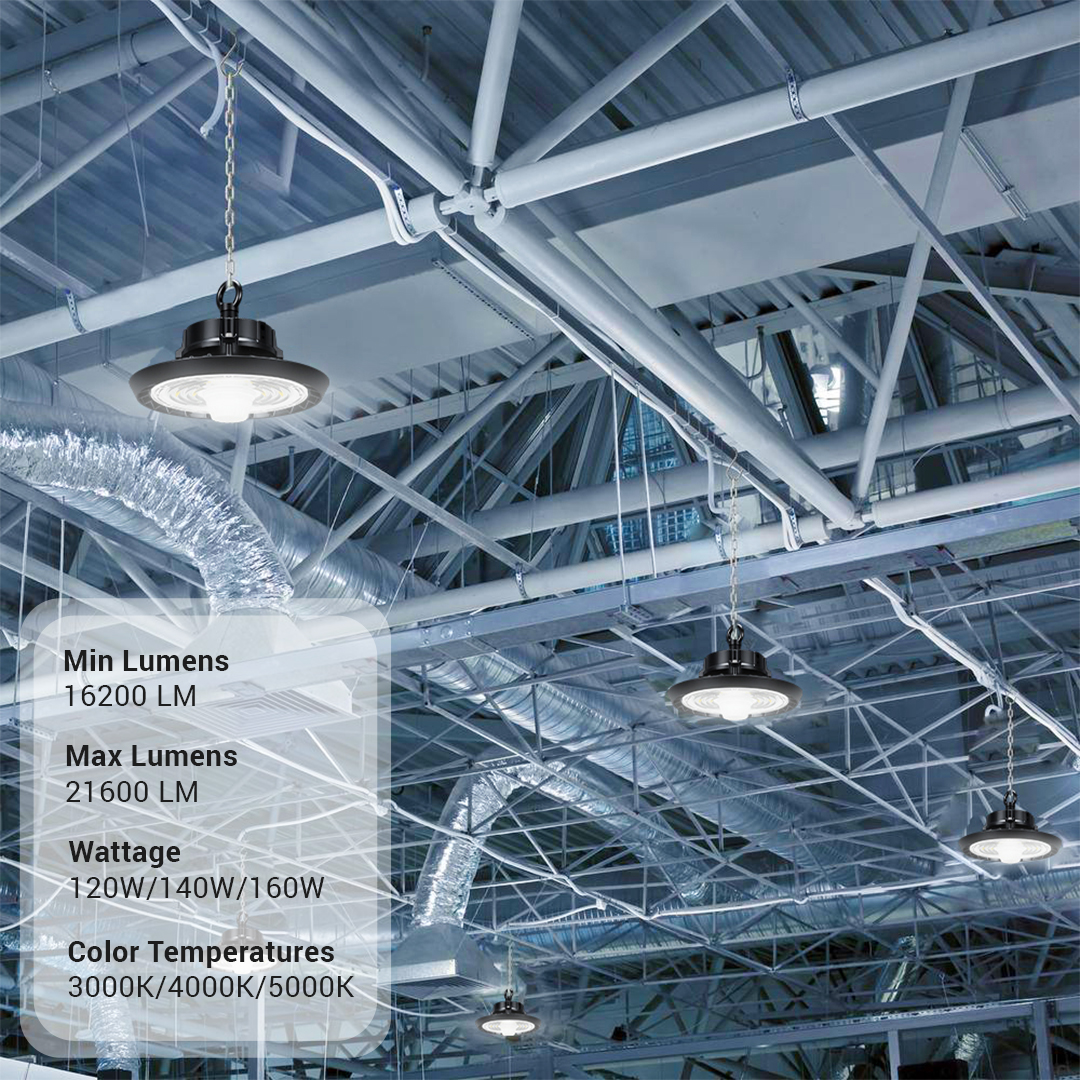 Industrial facility illuminated with Saucer Genx Neo Round Highbay LED lights by Havells, featuring selectable wattage (120W/140W/160W), lumen output ranging from 16,200 to 21,600 lumens, and color temperatures of 3000K, 4000K, and 5000K.