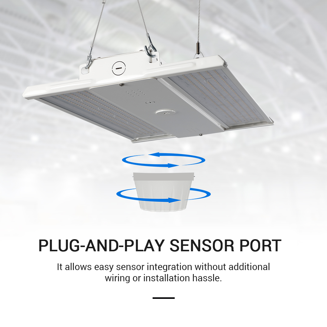LED high bay light fixture, 300W with plug-and-play sensor port for easy installation and sensor integration without additional wiring.