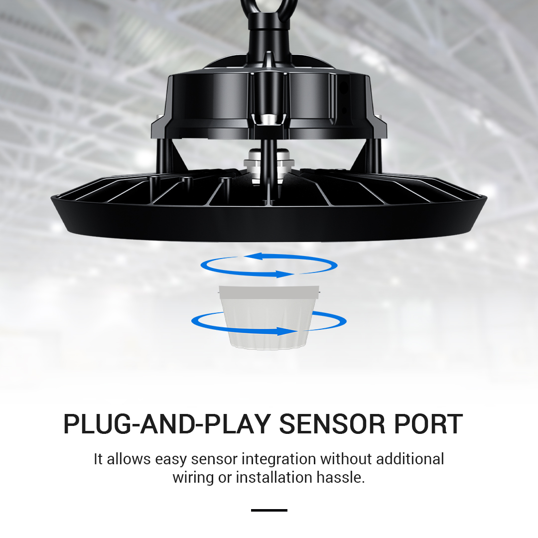 Saucer Genx Neo Round Highbay LED light by Havells featuring a plug-and-play sensor port for easy integration without additional wiring or installation.