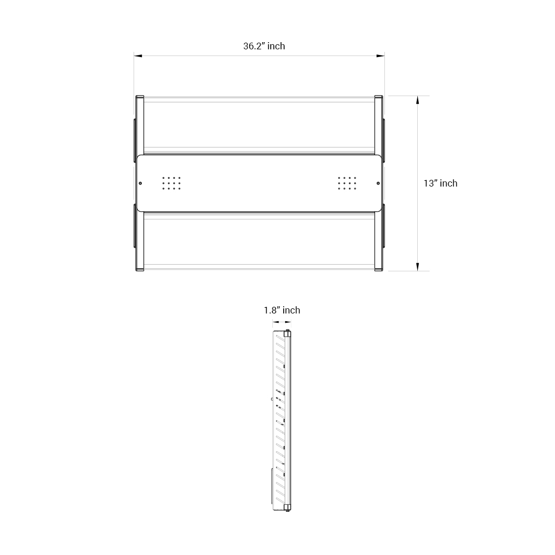 Technical dimensions of LED linear high bay light fixture, 300W, showing width 24.8 inches, height 13 inches, and depth 1.8 inches.