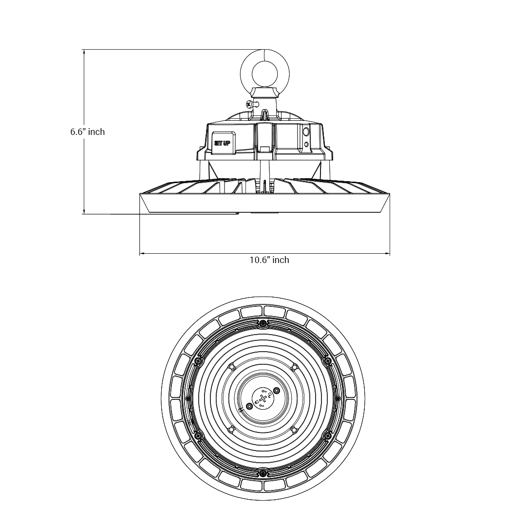 Technical drawing of Saucer Genx Neo Round Highbay LED light by Havells, showing dimensions of 10.6 inches in diameter and 6.6 inches in height with top and bottom views.