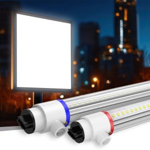 LED tube light with a white sign labeled 'Rapid-Lamp-gen-2-and-3' illuminated in a dark setting.